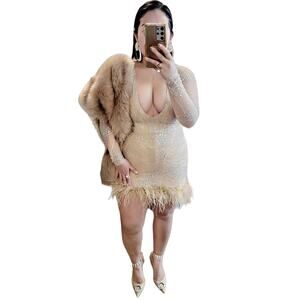 Woman's Tan Embellished Feather Trim Mini Dress Sz. S/M